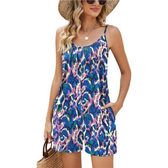 Womens Casual Summer Sleeveless Shorts Jumpsuits Blue Purple Tie Dye - Picture 1 of 6